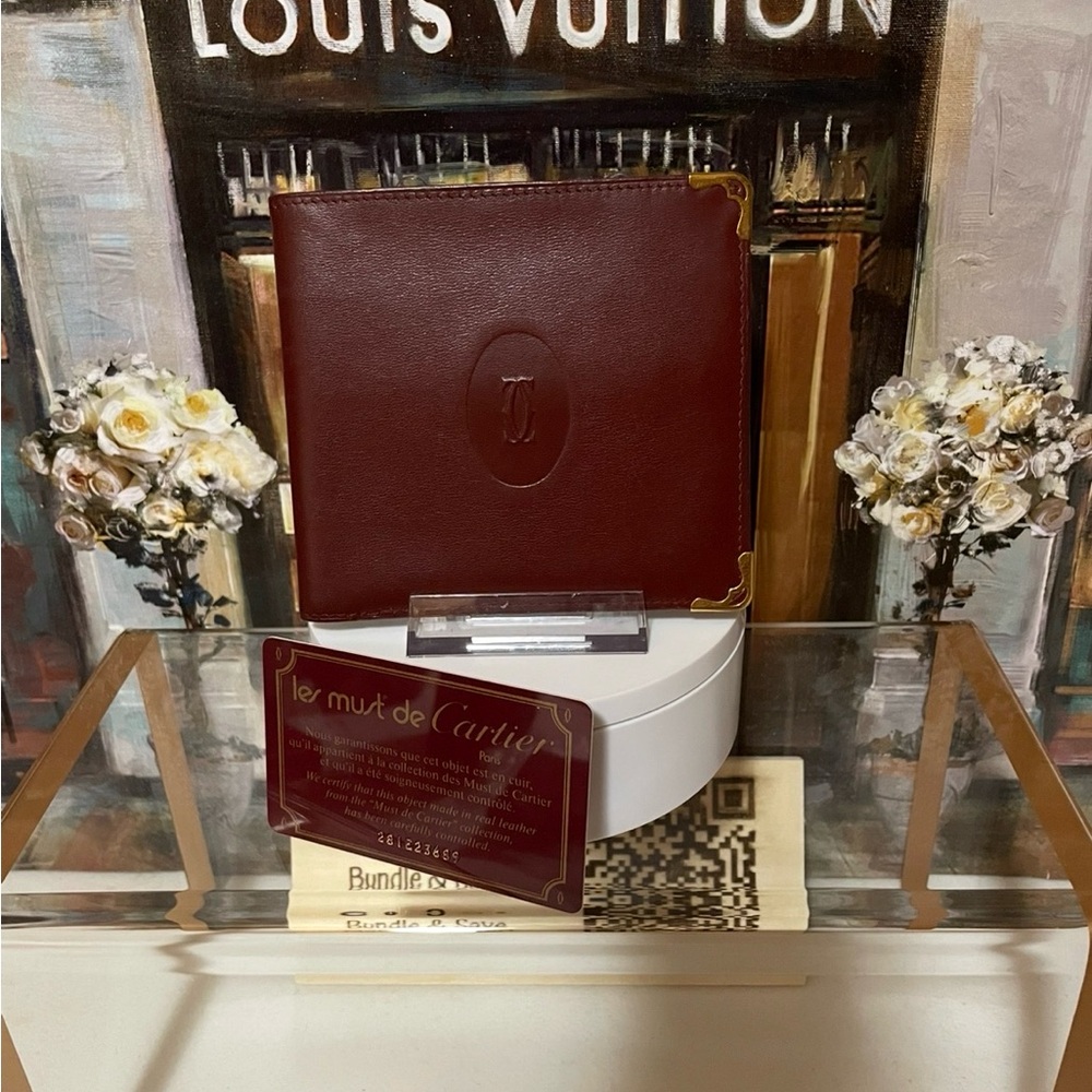 Cartier Must De Cartier Burgundy Bifold Wallet w/ COA Card and Box Vintage